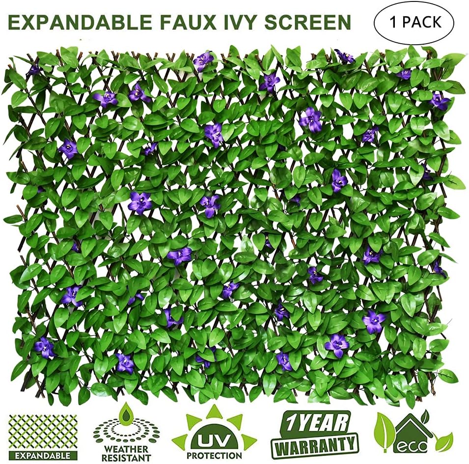 Expandable Fence Privacy Screen for Balcony Patio Outdoor,Decorative Faux Ivy Fencing Panel,Artificial Hedges (1, Purple Flower)
